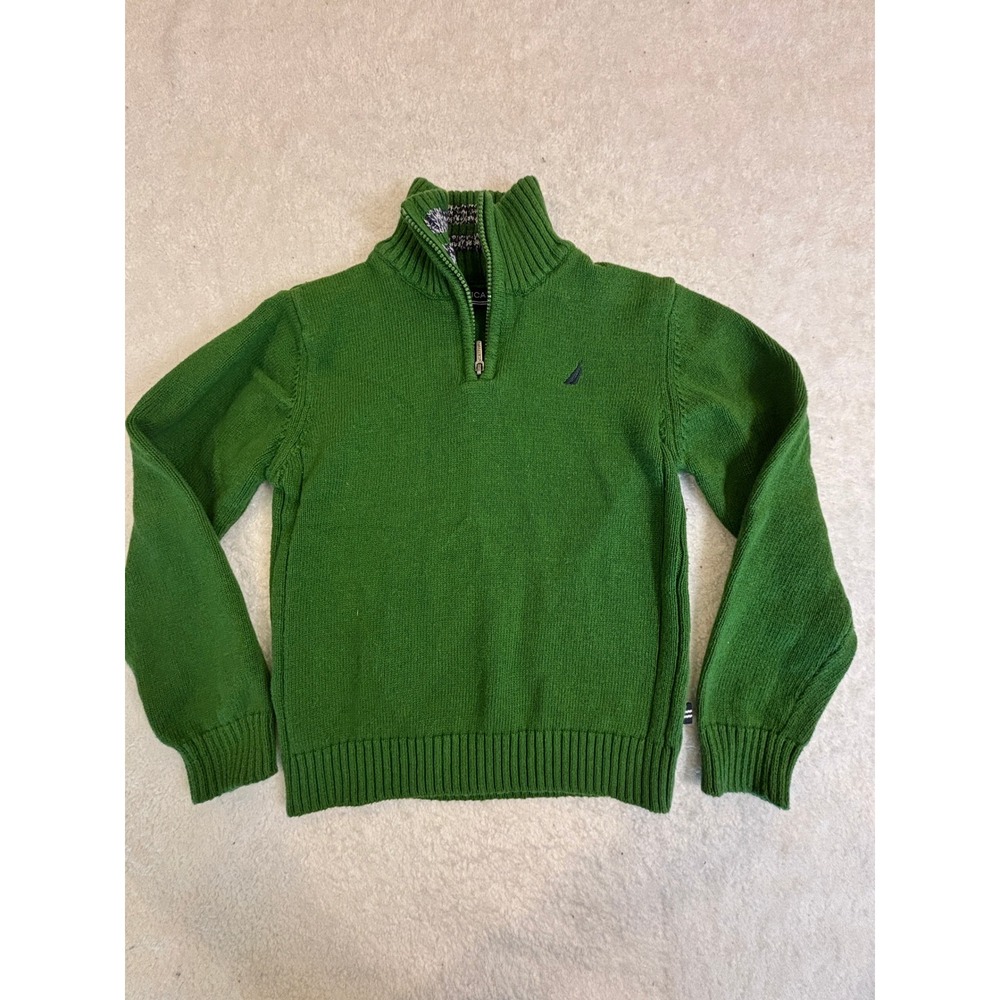 Nautica Boys Green Quarter‎ Zip Pullover Sweater Size L 7 Ribbed Knit Mock Neck